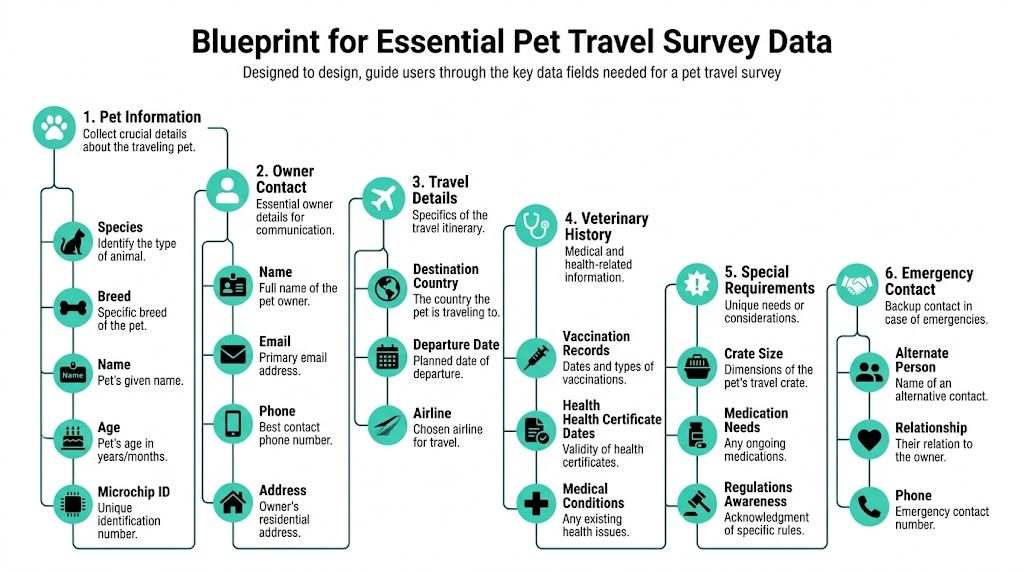 An infographic titled Blueprint for Essential Pet Travel Survey Data showing six key data categories.