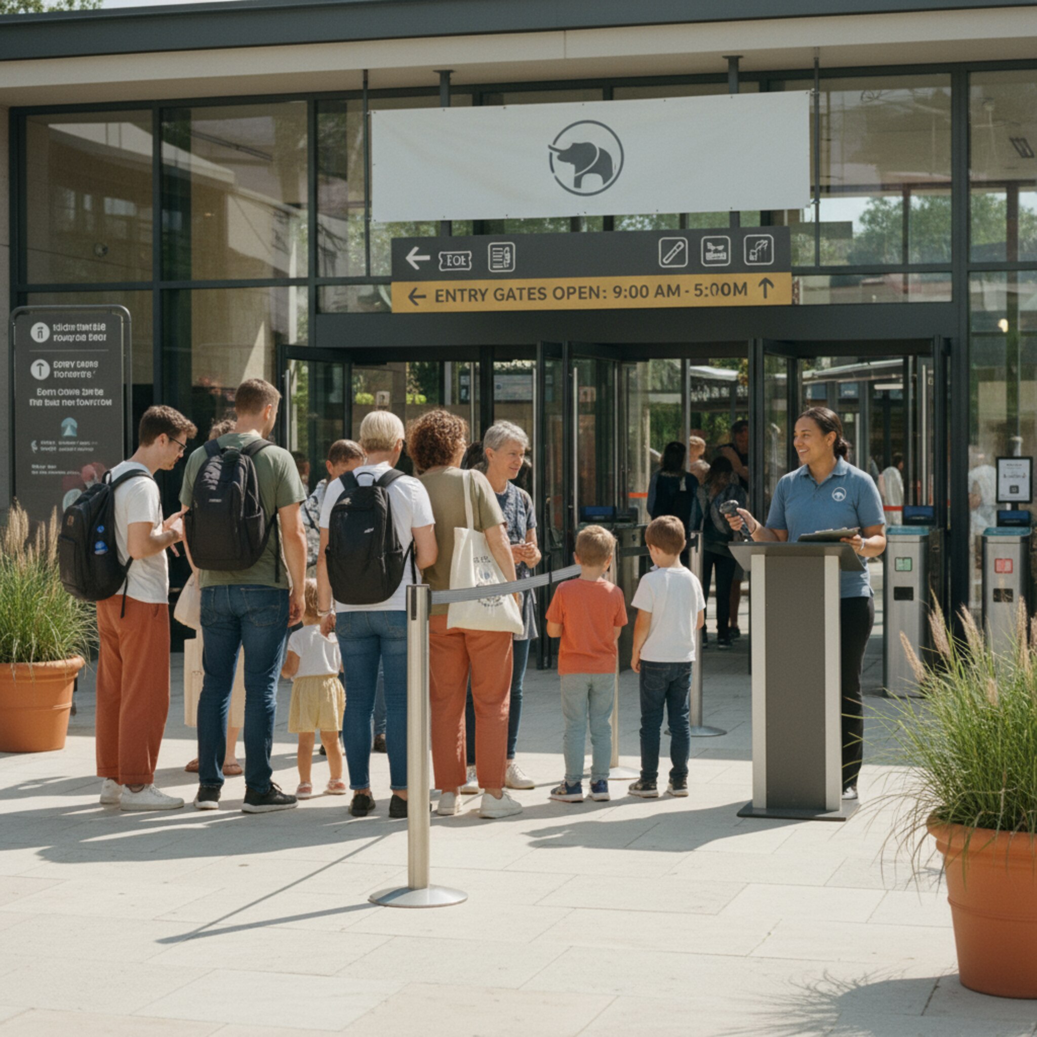 Vor breiten Eingangsportalen bewegen sich Besucher in klar markierten Linien. Ein Mitarbeiter begrüßt die nächste Gruppe, bunte Bänder an den Handgelenken leuchten im Sonnenlicht. Schmale Schatten fallen über den Boden, Hinweisschilder sind deutlich, die Atmosphäre ist zügig und freundlich.