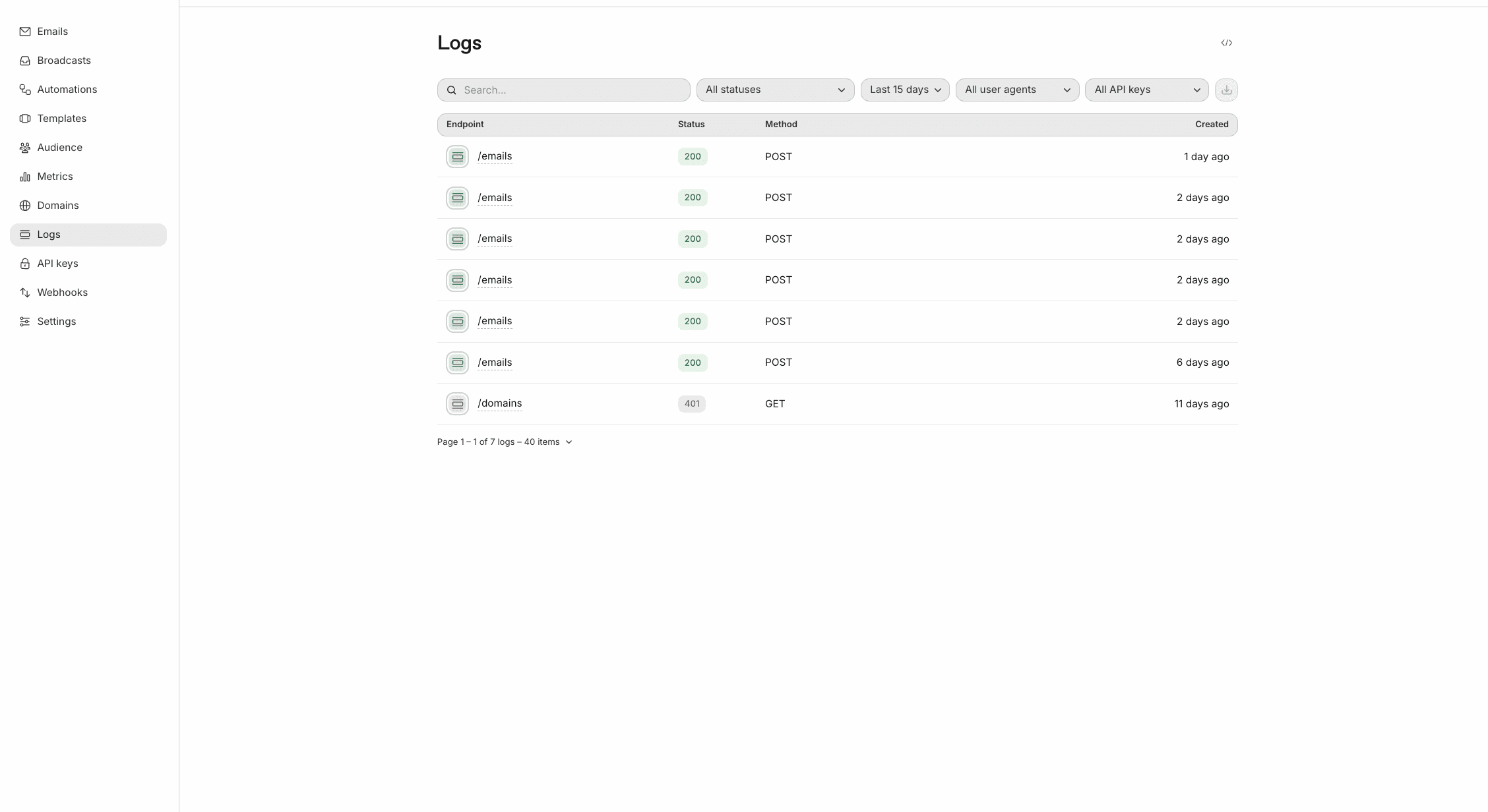 Panel Logs de Resend mostrando el estado de los emails