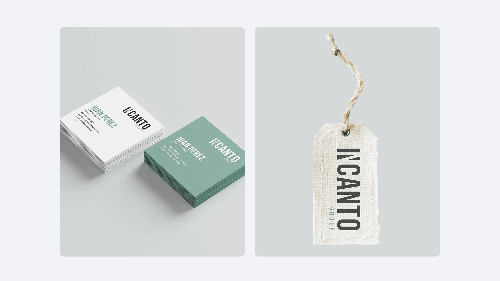 Tarjetas personales minimalistas y etiquetas con textura de "INCANTO GROUP" con hilo rústico, branding elegante.