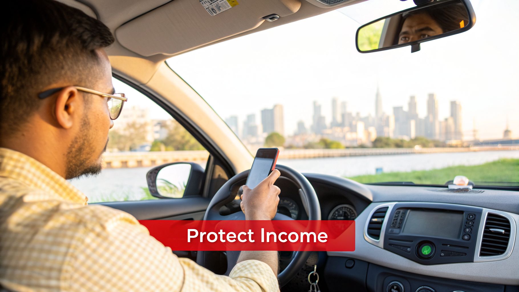 A man in a car holding a smartphone with 'Protect Income' text and a city skyline.