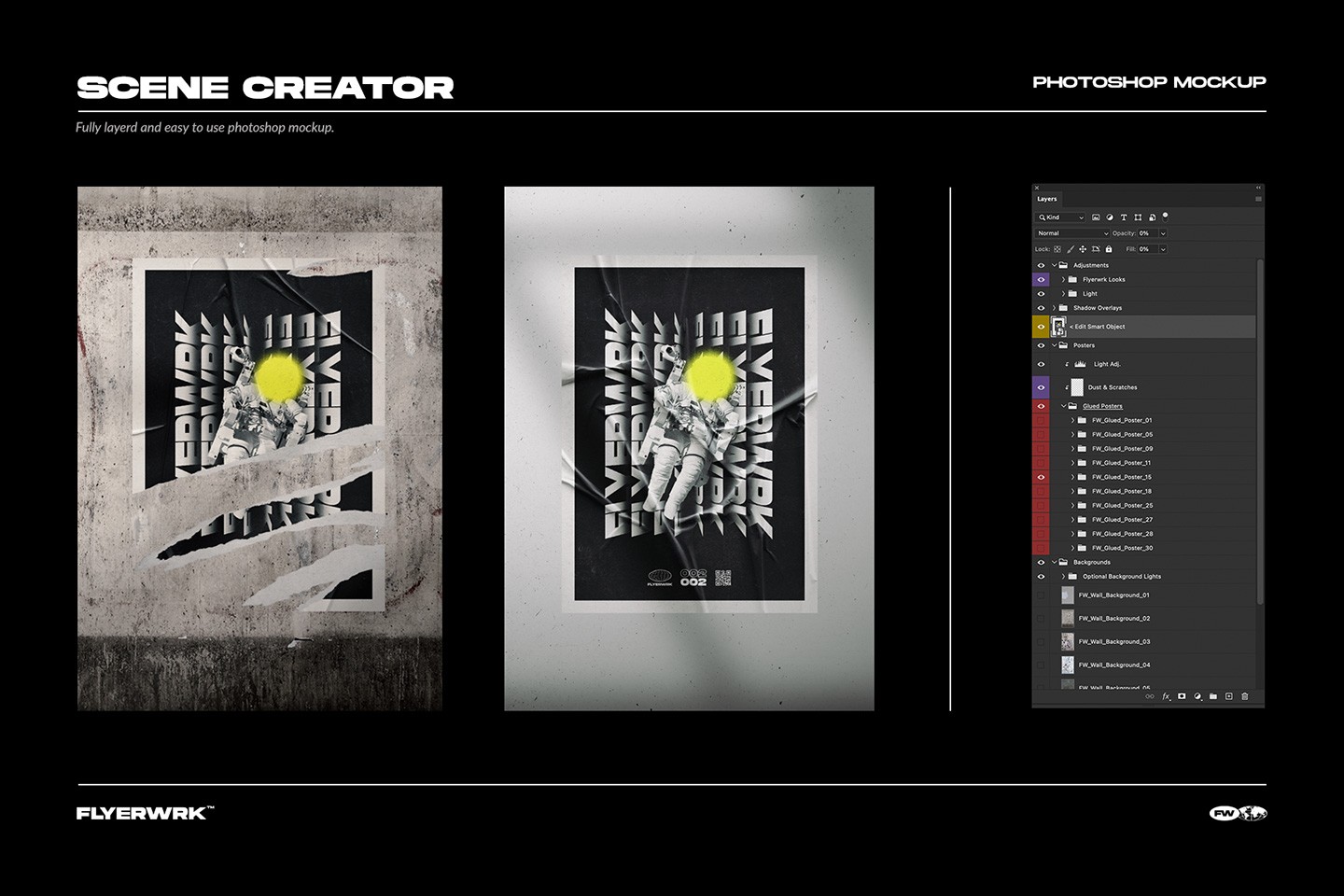 Scene creator mockup using glued poster textures placed on urban wall background
