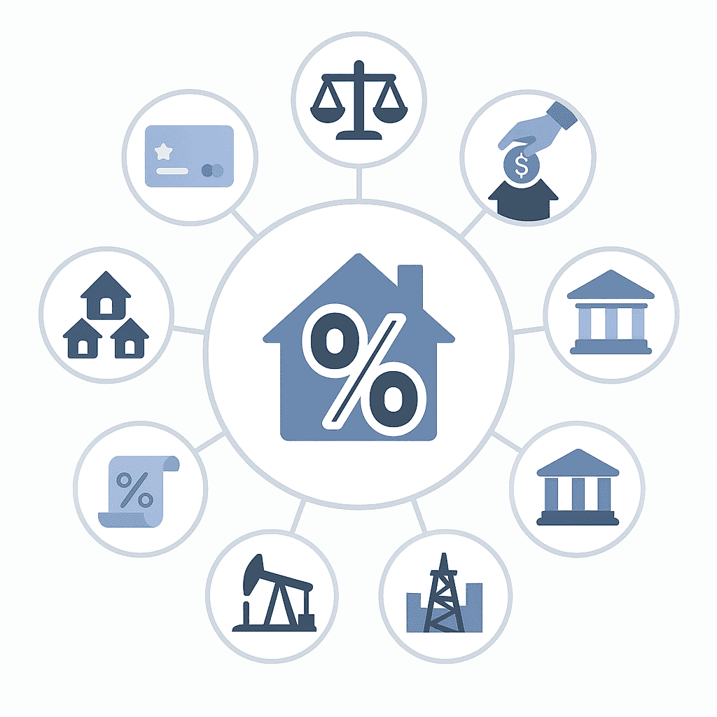 Radial diagram of icons showing eight factors that influence Houston mortgage rates