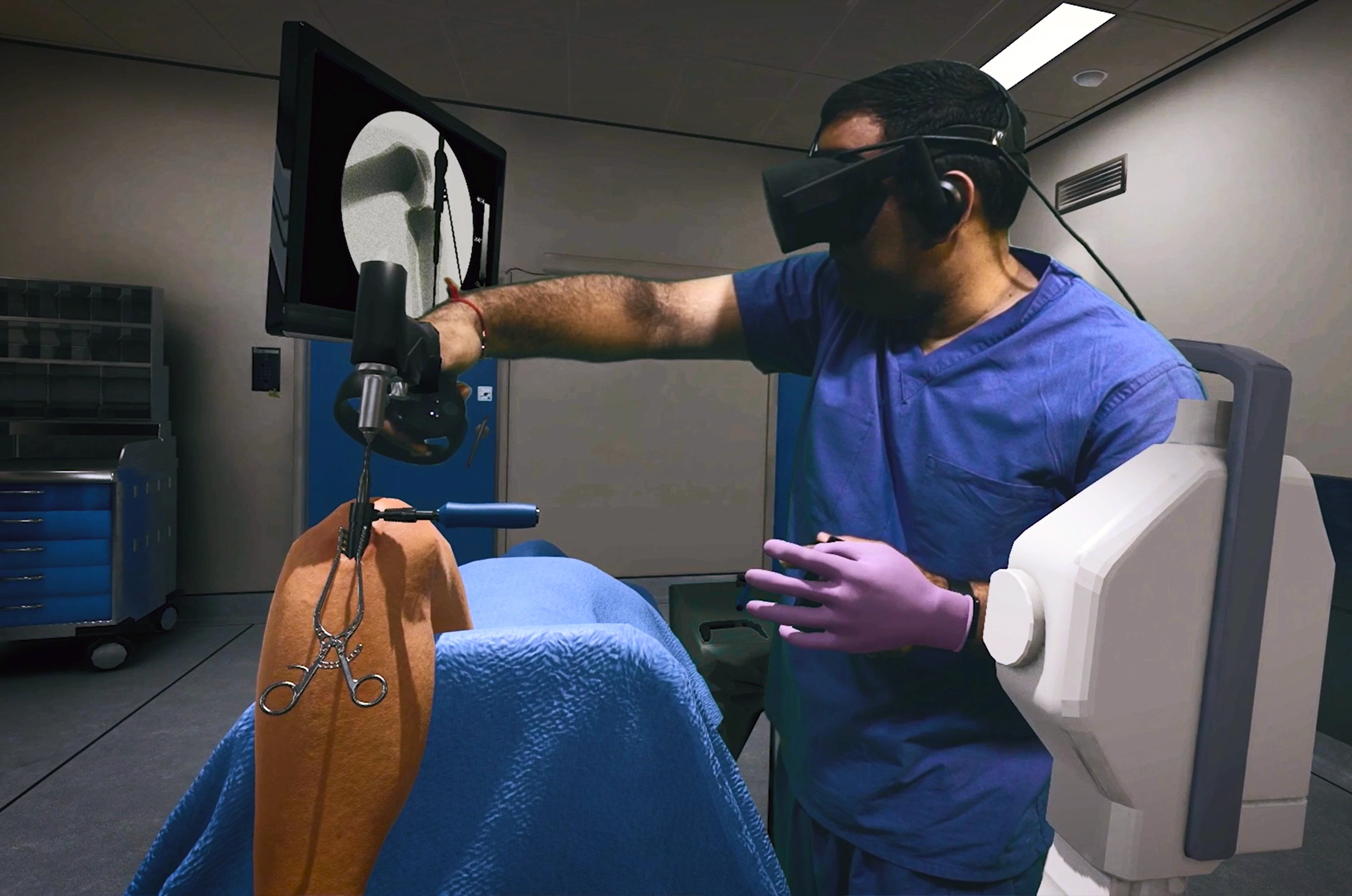Surgeon wearing a VR headset performing a virtual reality surgical training simulation in a hospital setting