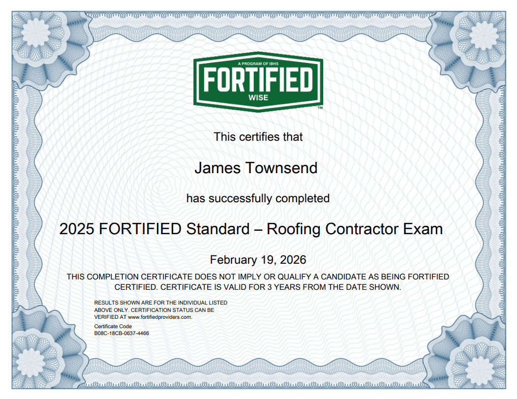 2025 Fortified Standard Roofing Contractor Exam | James Townsend