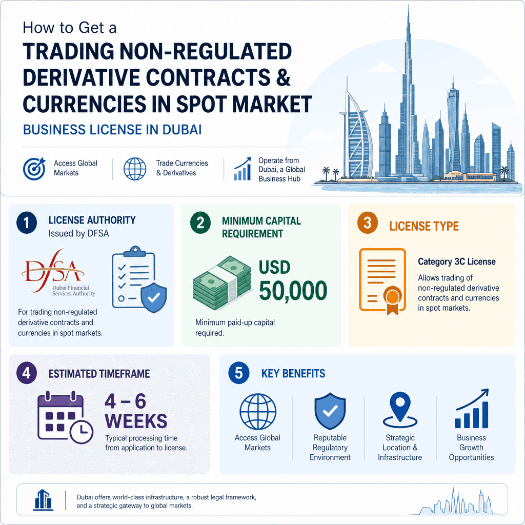 Infographic: How to Get a Trading Non-regulated Derivative Contracts & Currencies in Spot Market Business License in Dubai