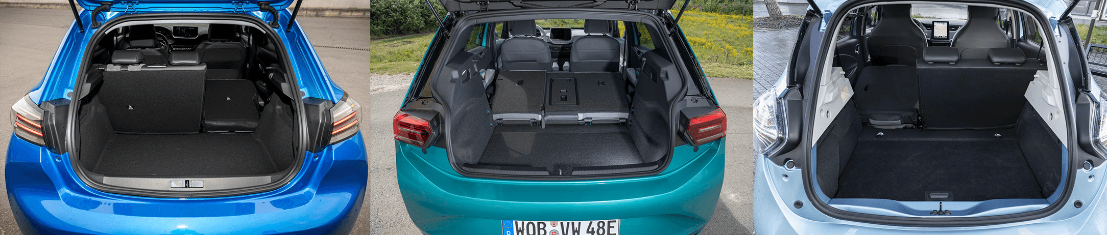 Peugeot e-208, Volkswagen ID.3 et Renault Zoé réunies sur un même visuel, comparaison de trois coffres de citadines électriques