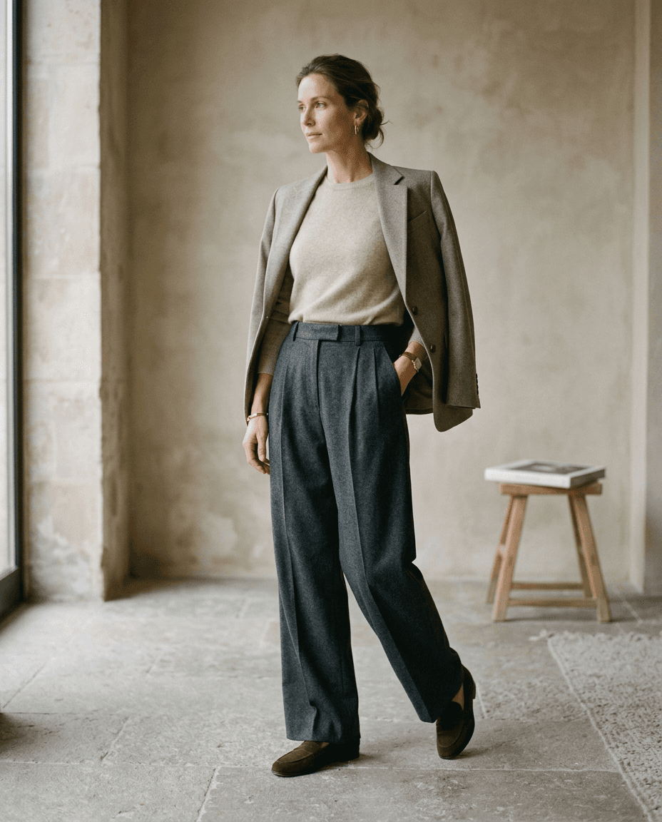 Camel Wide-Leg Wool Trousers — Charcoal — styled