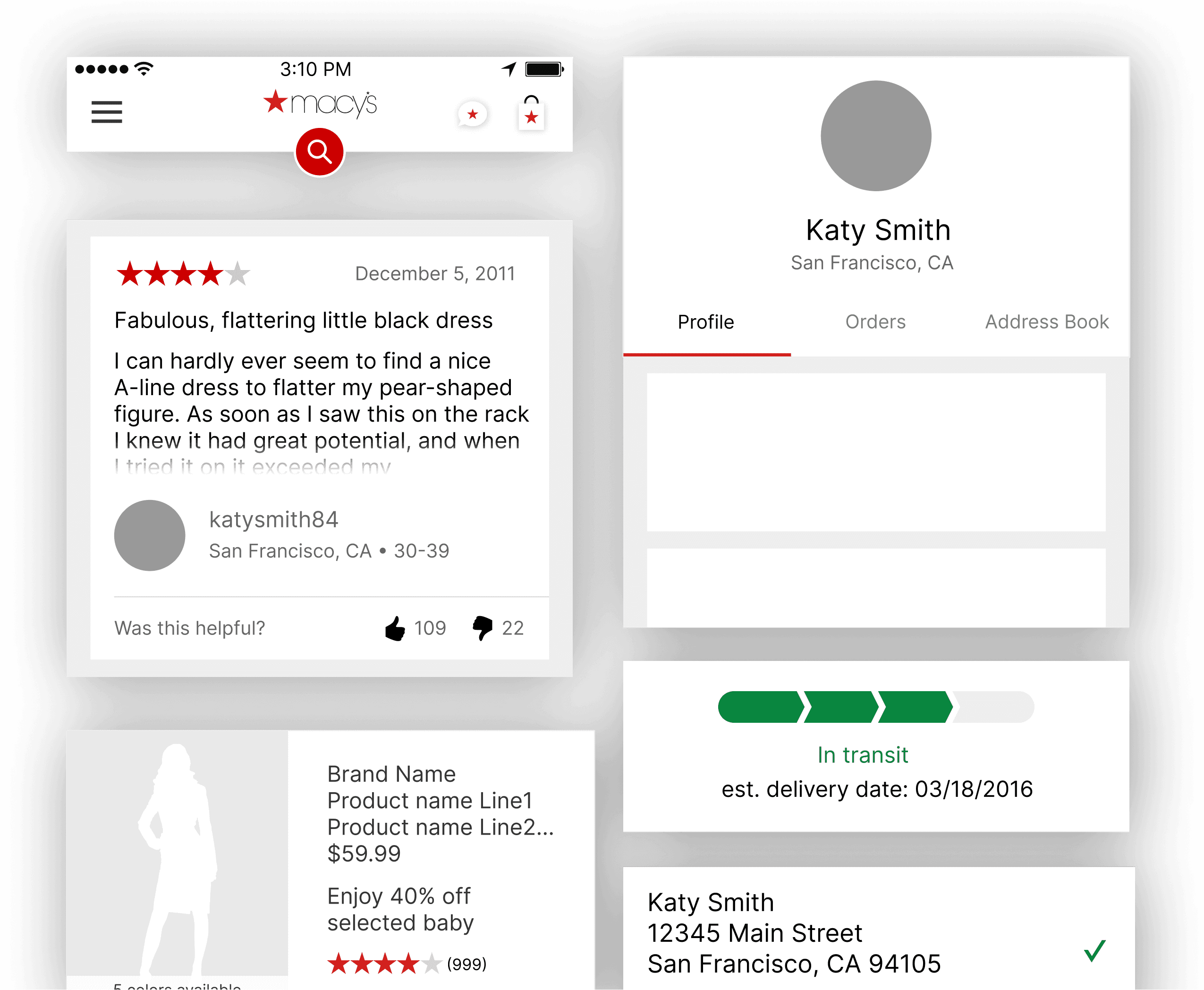 Picture assorted componetnts that make up the Macy's Design System.