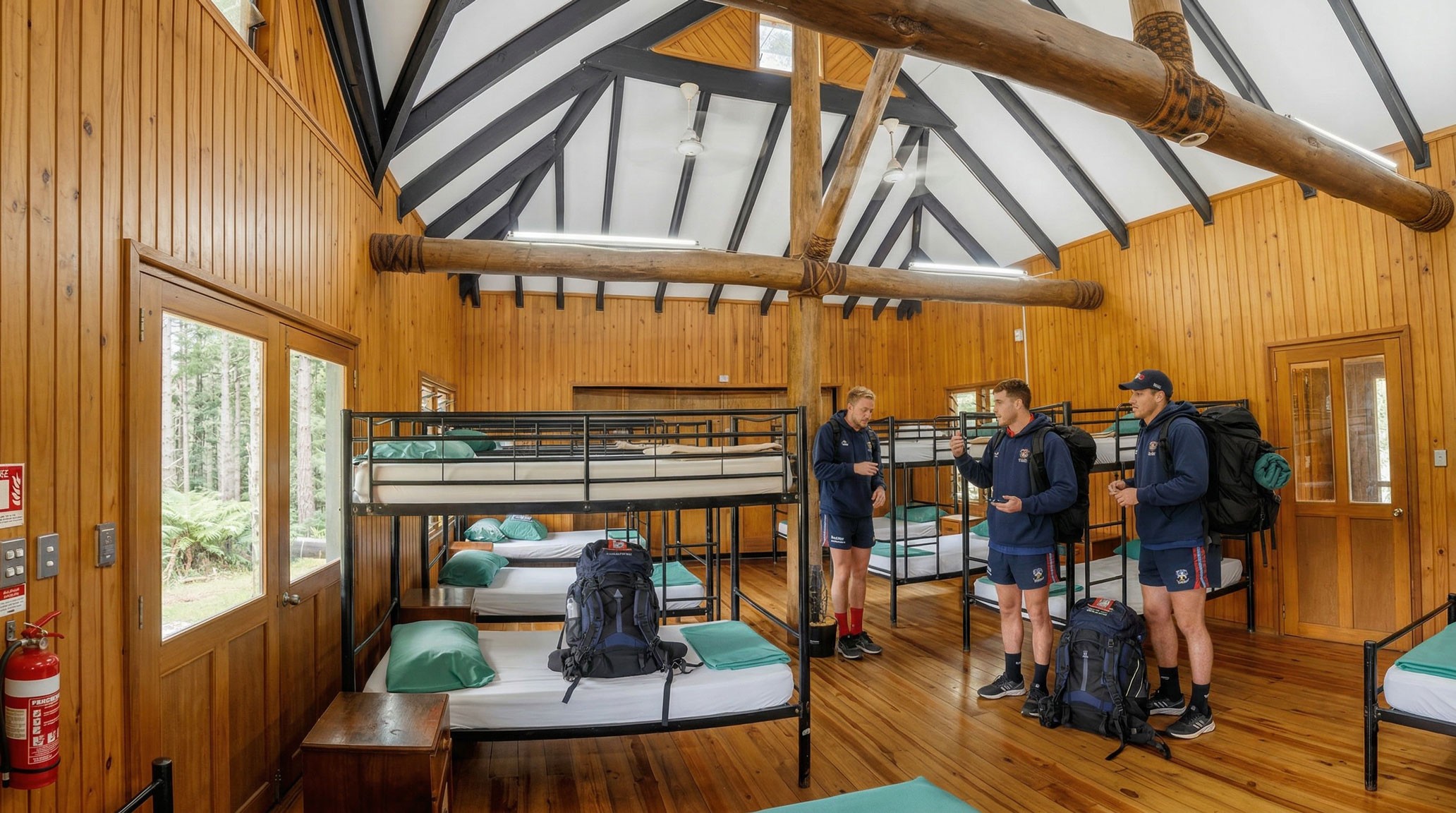 Sports team members are having a casual conversation inside the treehouse dormitory at Uprising Beach Resort