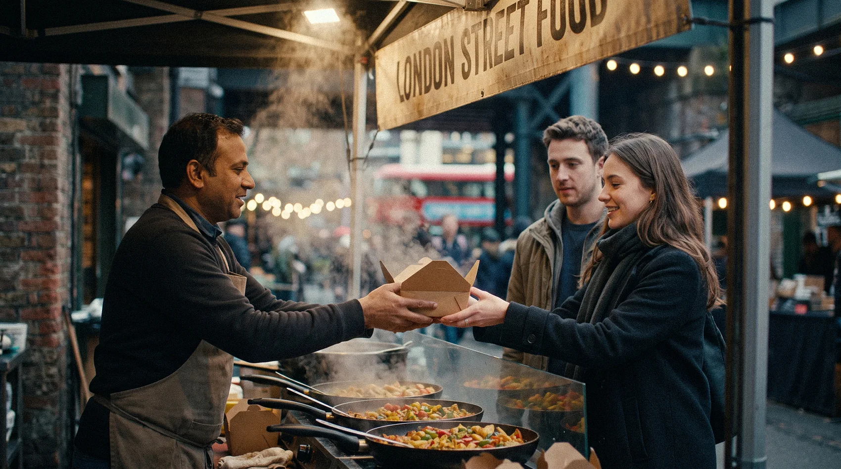 South Asian vendor handing steaming takeaway box to couple at London Street Food market stall with red double-decker bus