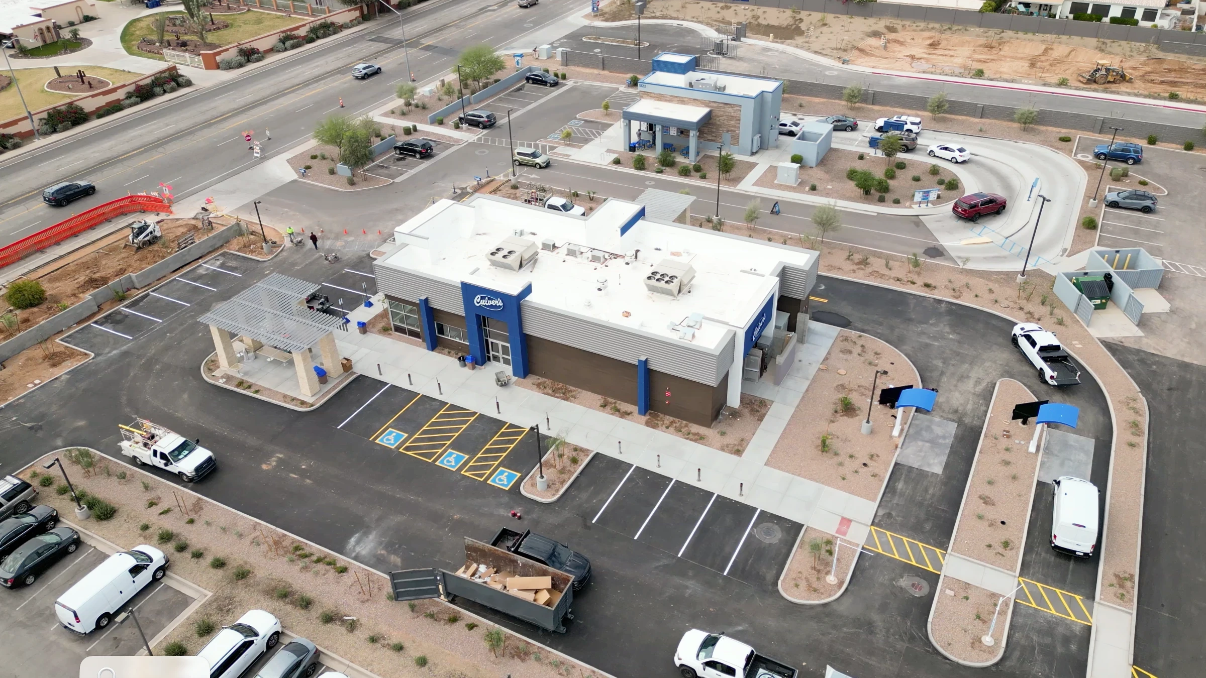 Finished Culver's restaurant in Mesa, AZ with new paved parking lot and drive-thru