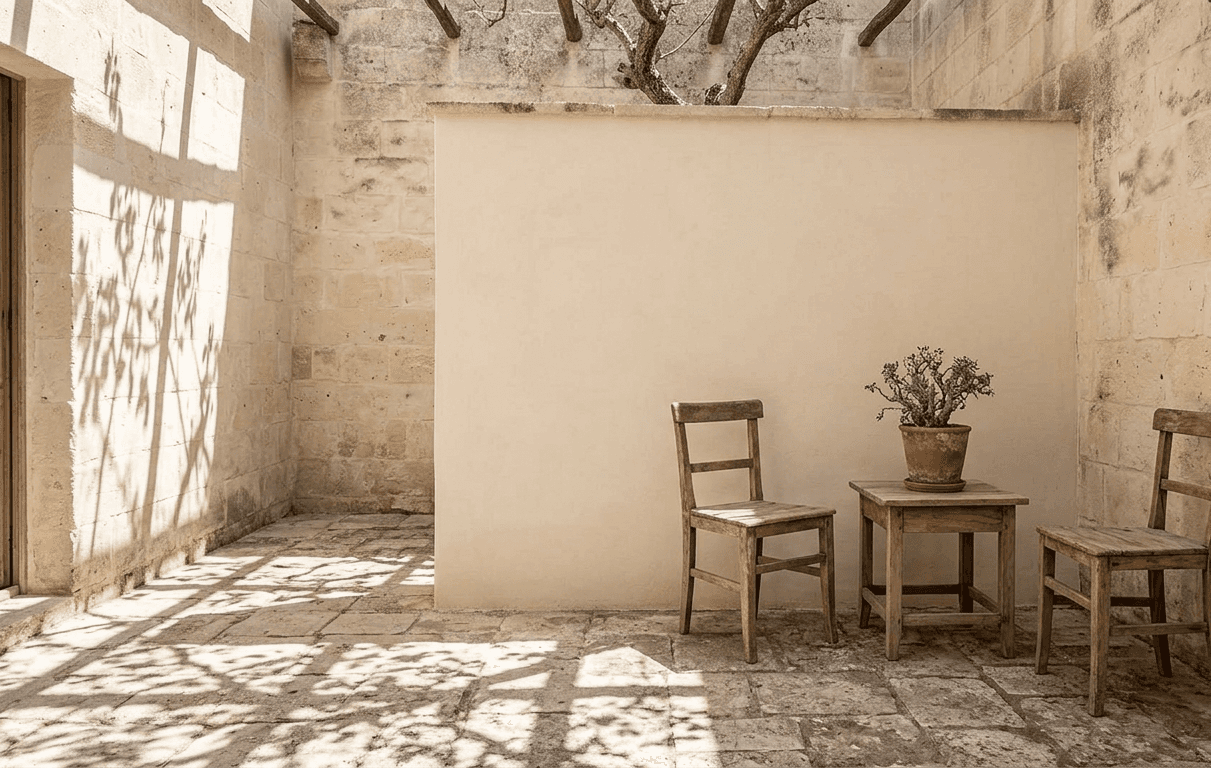Two wooden chairs and a small table in the walled olive court, olive shadows across the sunlit stone