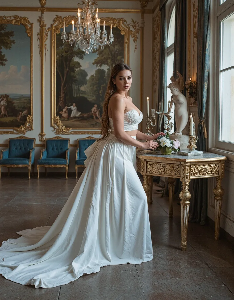 Elegant bridal two-piece gown with flowing train in ornate palace room featuring gold detailing, crystal chandelier, and classical artwork