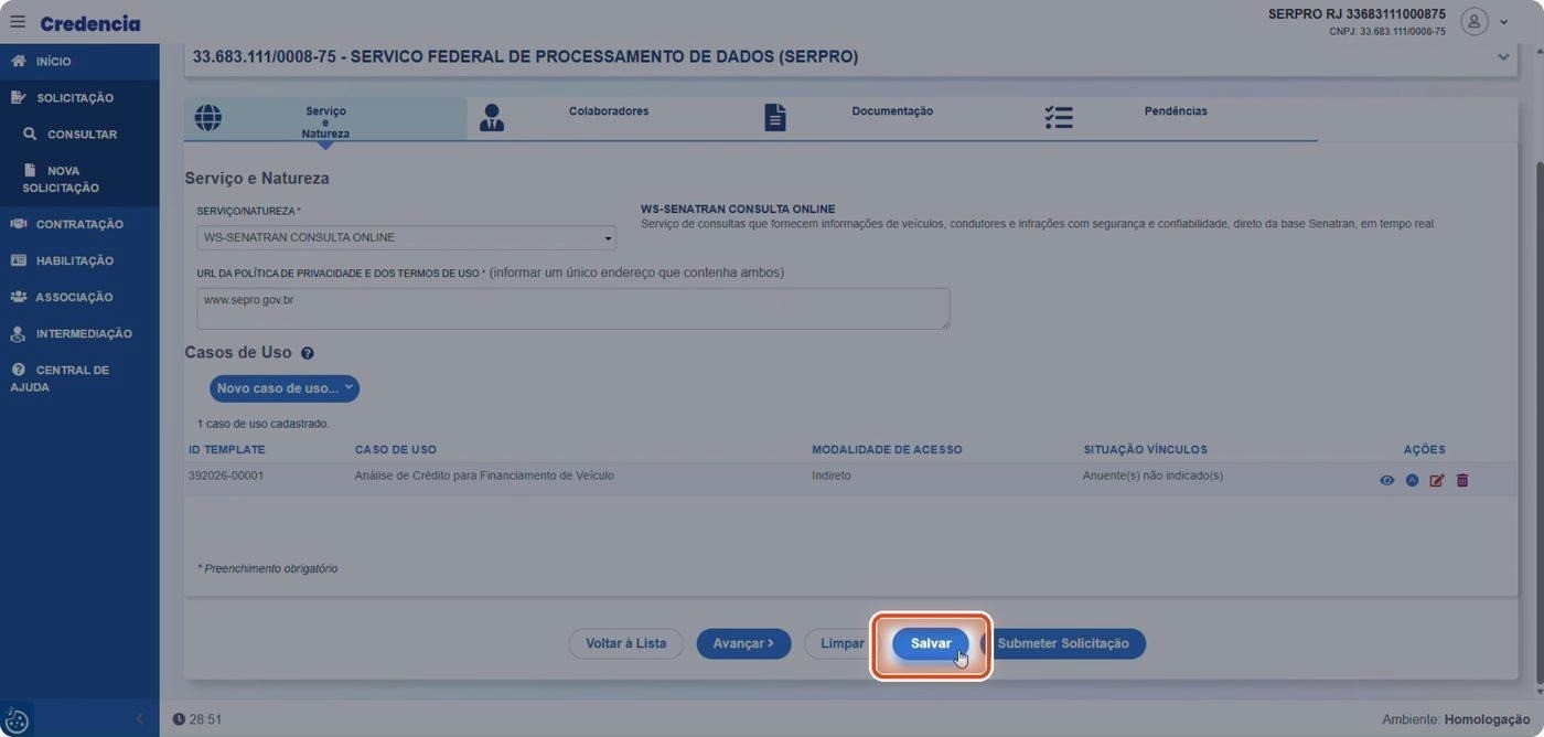 Captura de tela de referência do Credencia para Passo 1 — Salvar a solicitação em rascunho. Contexto: 32 — Salvar Solicitação.