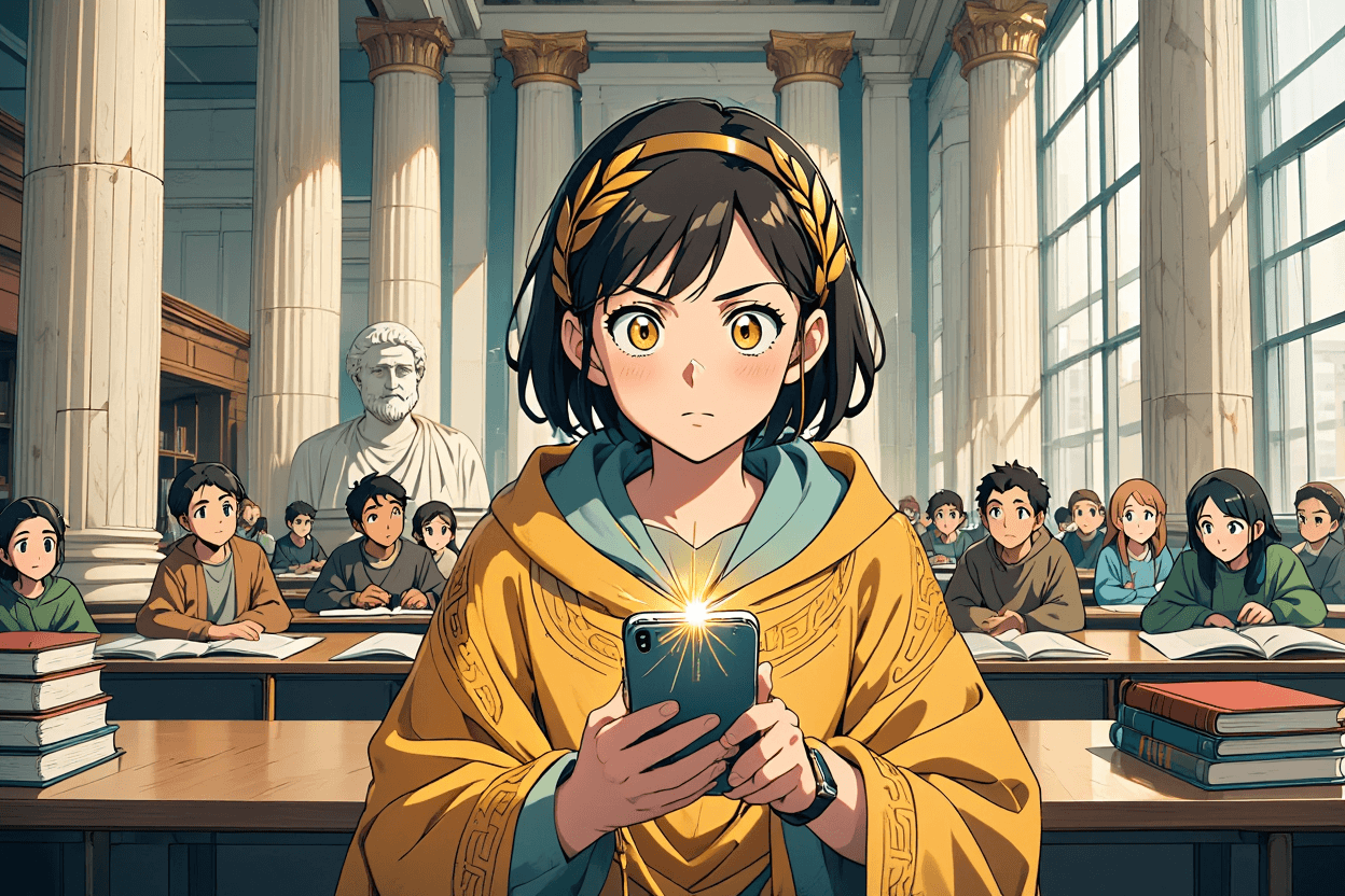 Student studying for the GRE using AI on their smartphone in a neoclassical library