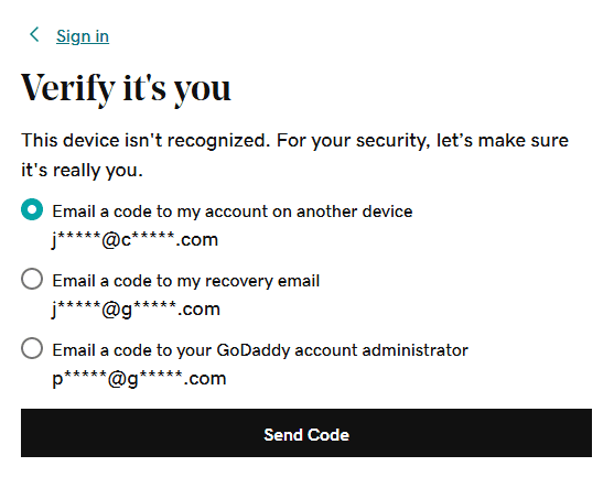 The Verify it's you with the three options for a one-time code.