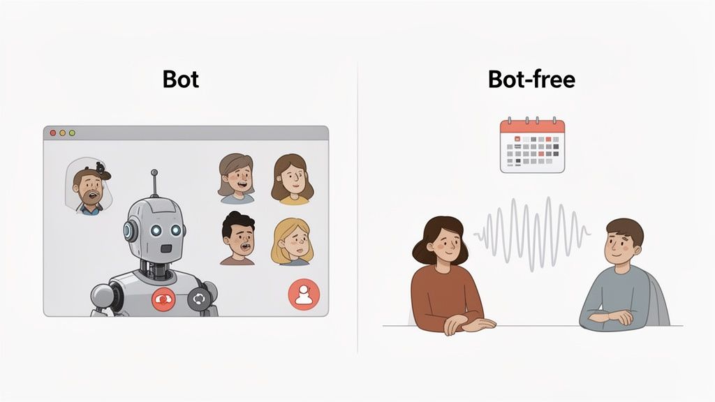 An illustration comparing bot-assisted video calls with a bot-free human interaction for meetings.