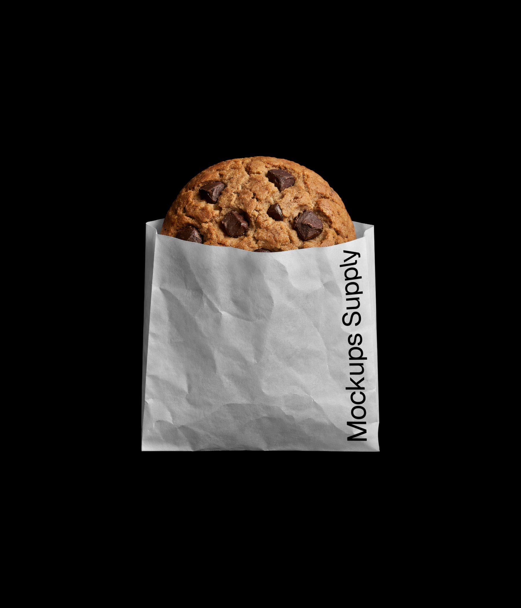 Chocolate chip cookie in paper bag mockup for Photoshop with editable bakery packaging design