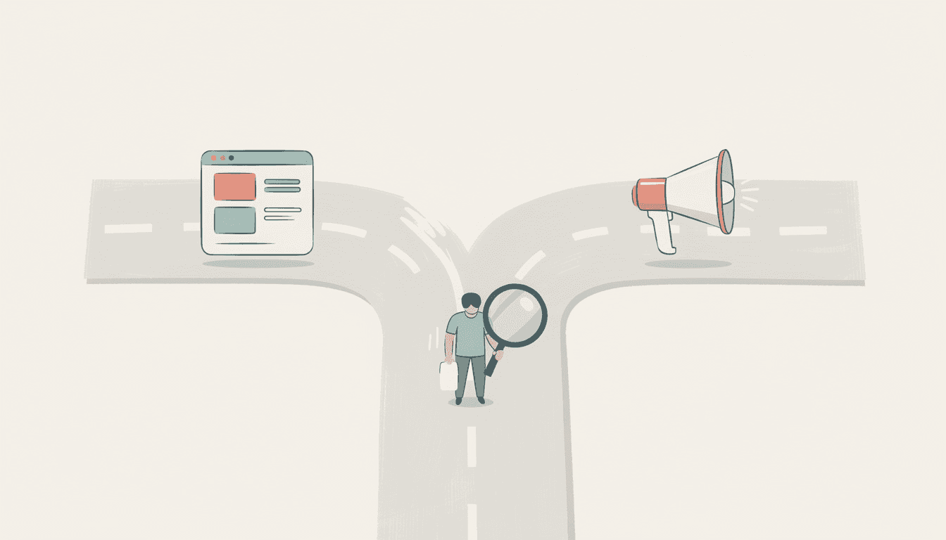 Founder standing at a fork in the road with a magnifying glass, choosing between a product path and a marketing path, representing how to diagnose startup growth problems.