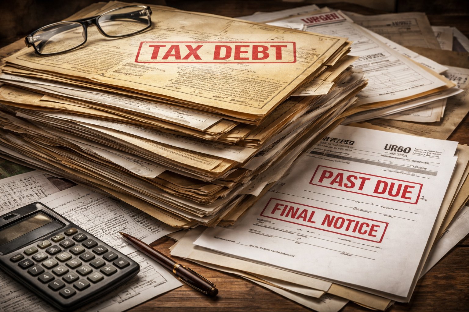 Stack of old and new documents illustrating how tax debt can persist and accumulate over decades.