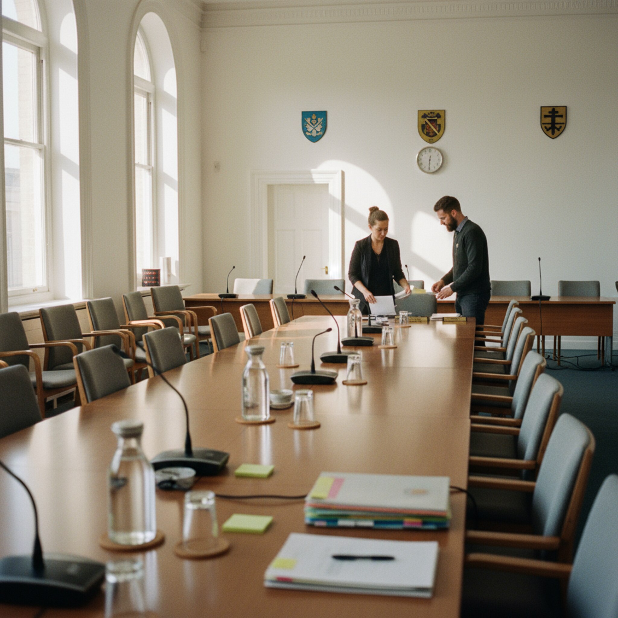Ein Ausschusssaal mit Holztischen wird für eine Sitzung vorbereitet. Mikrofone stehen ausgerichtet, Karaffen und Gläser sind ordentlich platziert. Warmes Licht fällt durch hohe Fenster auf die Reihen. Zwei Mitarbeitende sprechen leise und ordnen Unterlagen, bevor Gäste eintreffen. An den Wänden hängen schlichte Wappen und eine Uhr.