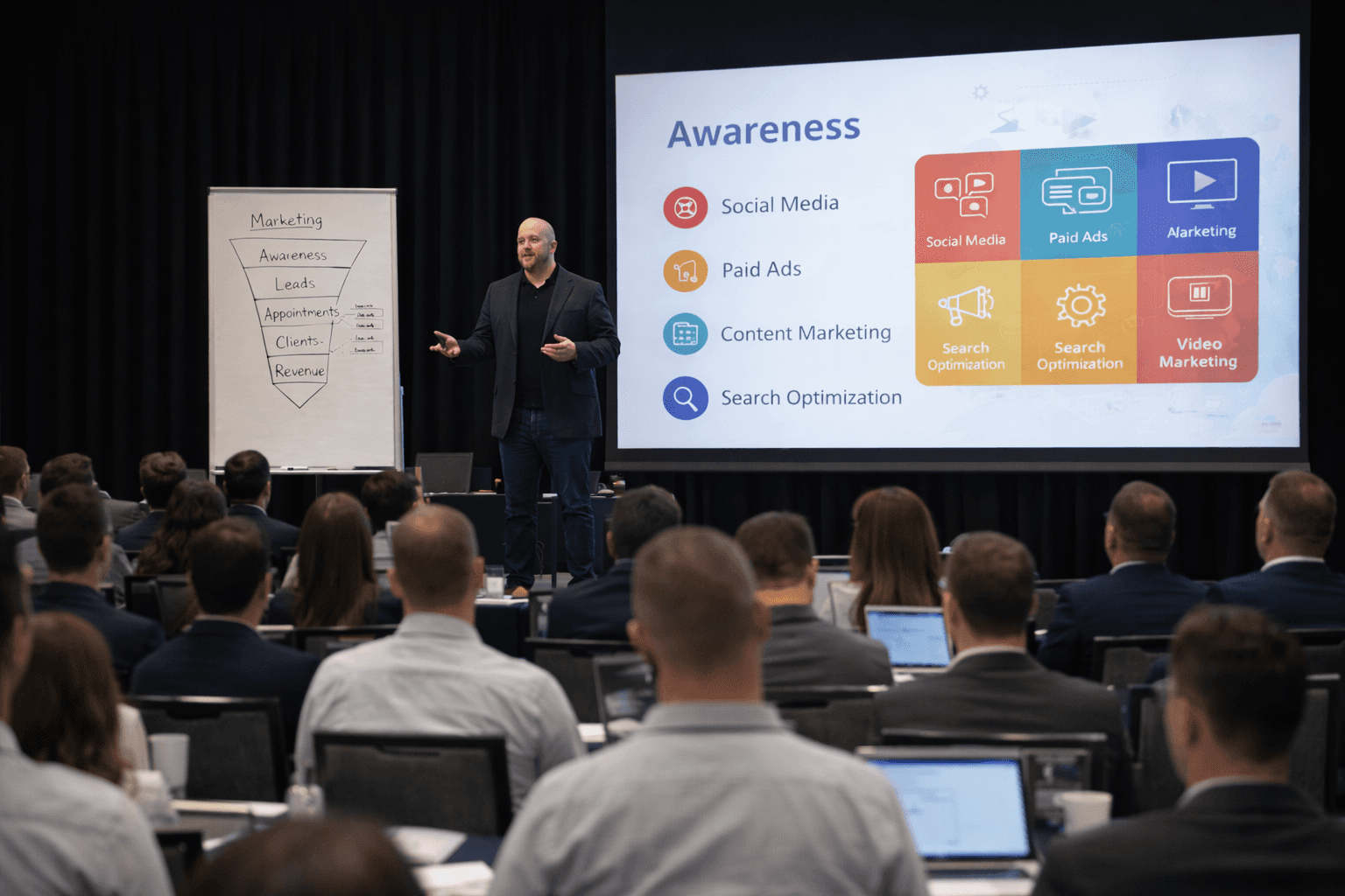 Andrew Scherer presenting a marketing awareness framework to a full conference room with a slide showing social media, paid ads, content marketing, and search optimization components of a complete marketing system