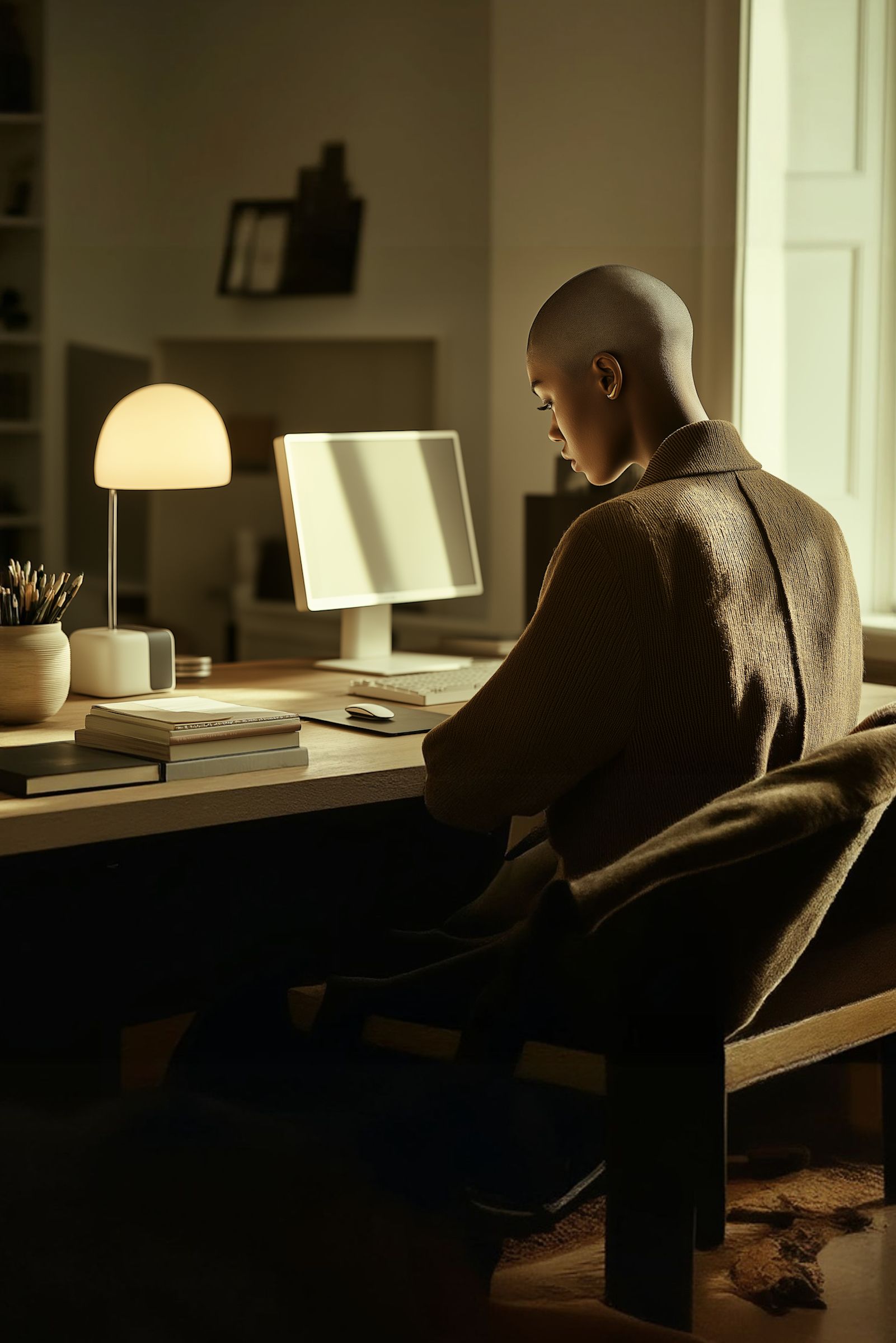 A person sits at a wooden desk in a warmly lit home office, focused on a computer screen, with a lamp, books, and a pencil holder nearby, creating a cozy and productive workspace.