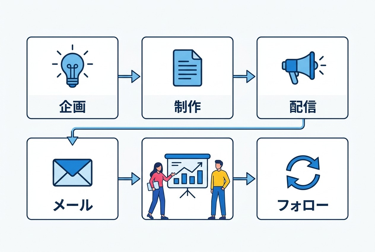 ホワイトペーパー運用の6つのフェーズ。企画から改善まで継続的なサイクルを回すことで、リード獲得数と質を向上させる。