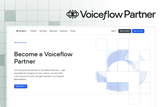 Voiceflow Partner Badge - Certified AI Agent and Automation Developer Status, Official Framer Partner and Voiceflow Partner Certification Badges for Bhavya Pandya