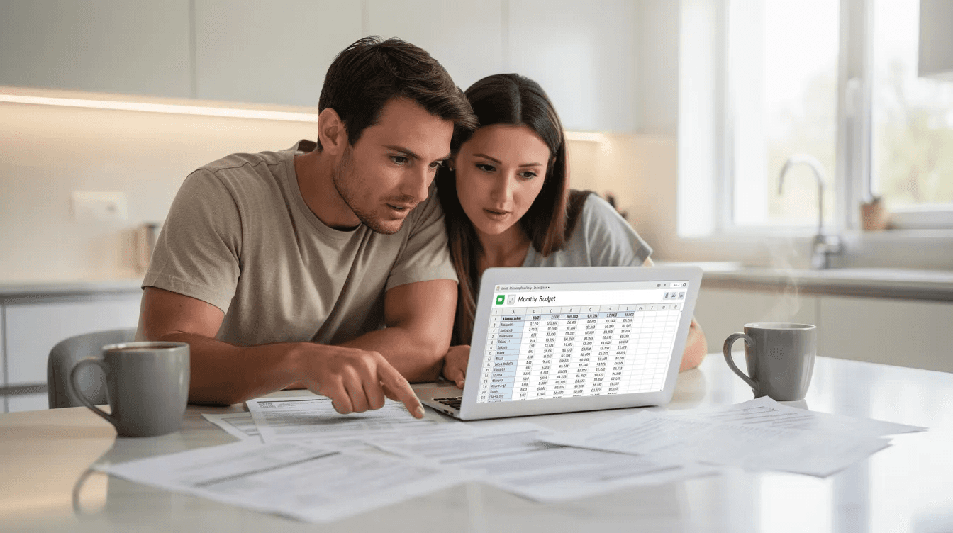 A couple sits at a kitchen table, reviewing financial documents with a laptop and coffee in front of them, as they discuss their savings goals and the importance of managing multiple savings accounts for different financial objectives. The scene captures a moment of financial planning and teamwork, emphasizing the need to track their savings progress and prepare for future expenses.