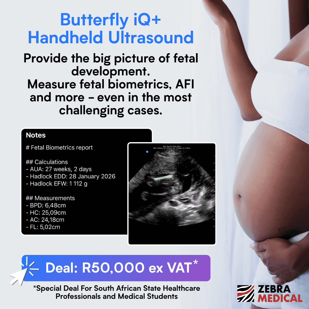 Bringing the power of ultrasound to our state HCPs* *South African State Healthcare professionals and Medical Students. Butterfly iQ+ Handheld ultrasound deal. R50,000 ex VAT/ All-in deal. Deal Details here. Zebra Medical.