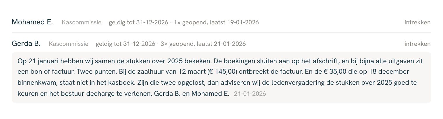 Twee leeslinks voor de kascommissie: Mohamed E., een keer geopend, en Gerda B., drie keer geopend, met onder haar link de opmerking van de kascommissie over de zaalhuur van 12 maart en de 35,00 van 18 december