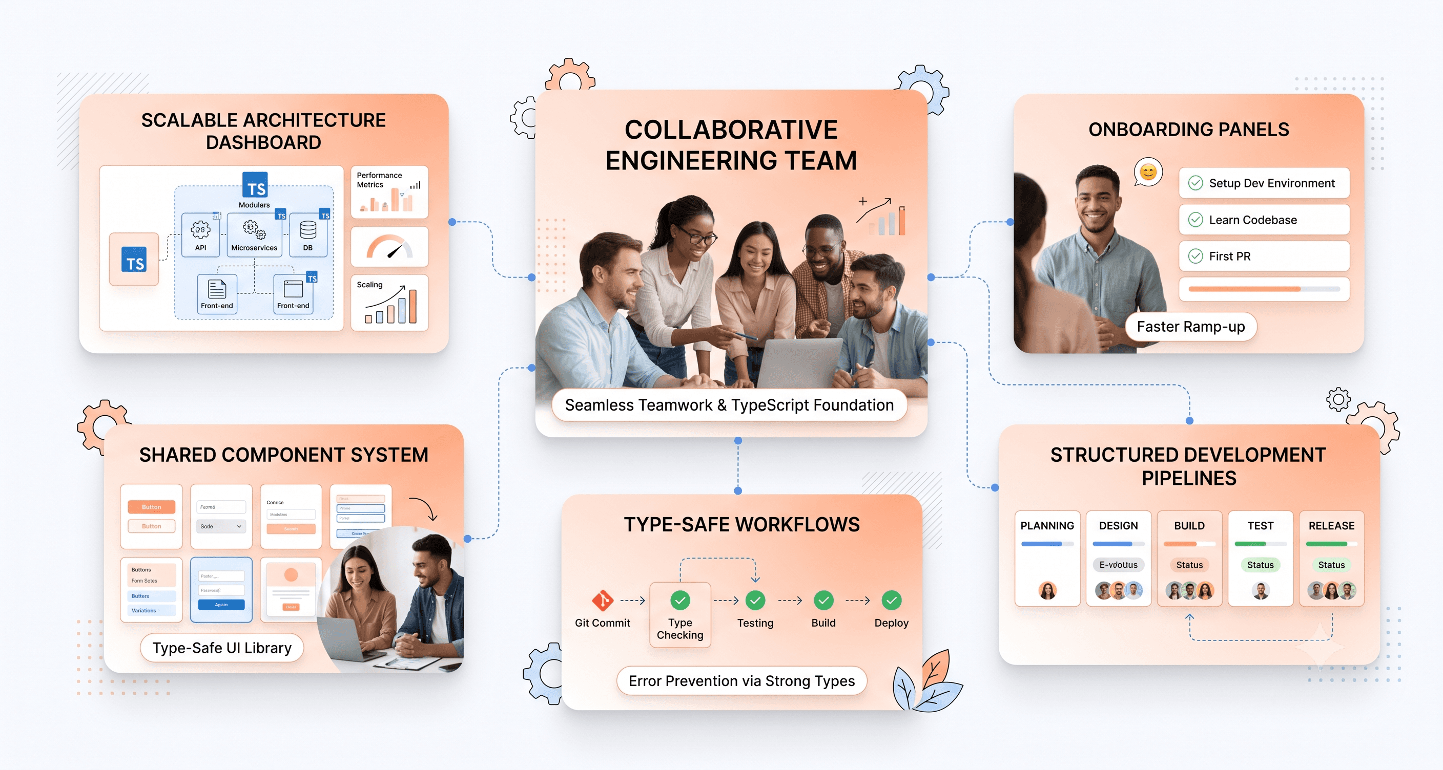 Collaborative engineering workflow visual showing scalable TypeScript architecture and team coordination