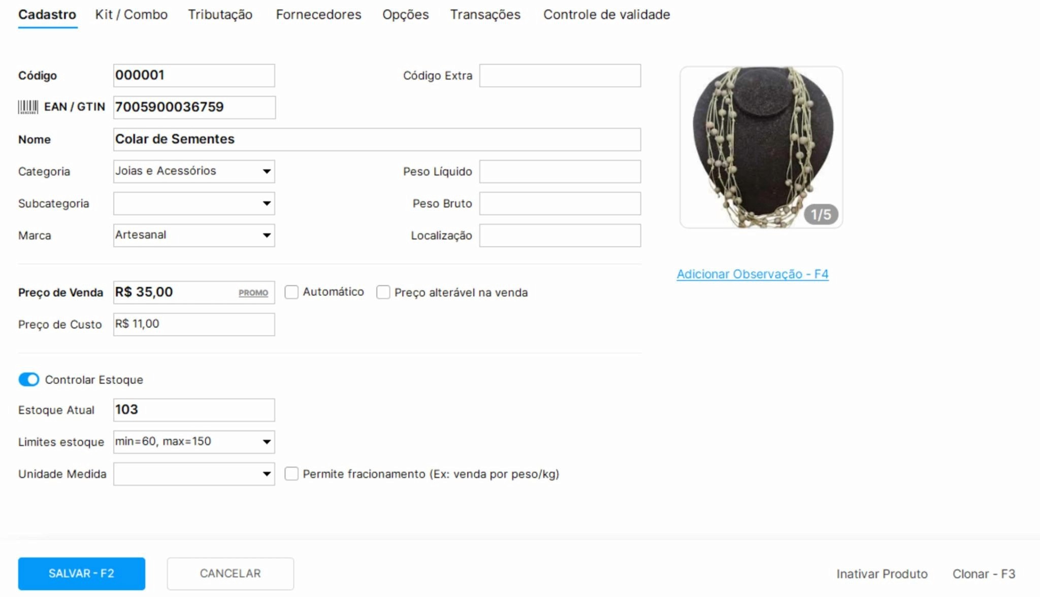 Tela de cadastro de produto no sistema de gestão do Nex, com informações do “Colar de Sementes”, preços de venda e custo, controle de estoque, categoria, marca e imagem do produto.
