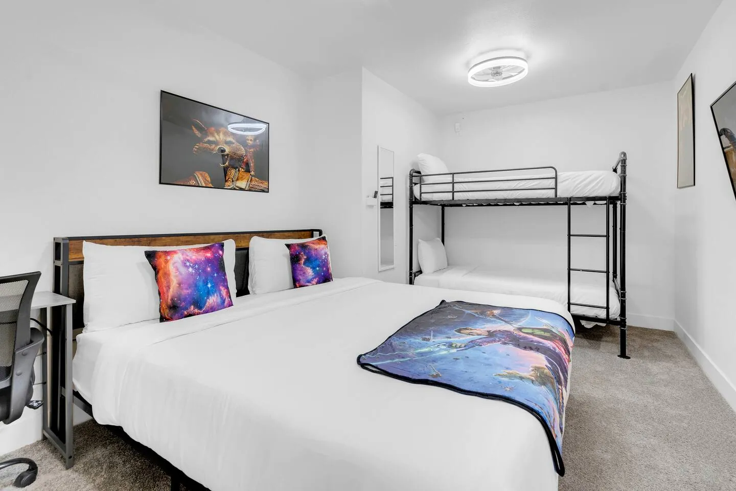 Guardians of the Galaxy-themed room with king bed, TV and bunk bed, SuperHero Retreat in North Las Vegas