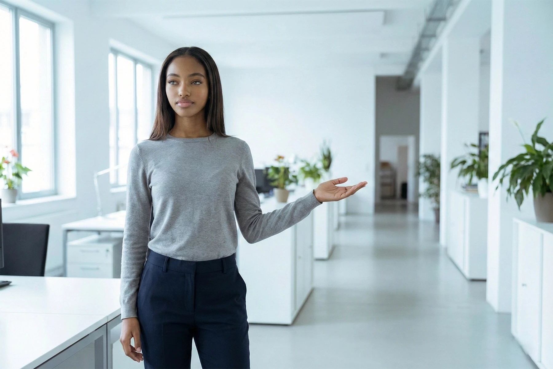 360-Grad-Fotografie eines modernen, hellen Büros in Köln: Eine professionelle Mitarbeiterin präsentiert offen gestaltete Geschäftsräume – geeignet für virtuelle Rundgänge, 360-Grad-Fotos und digitale Unternehmenspräsentationen.