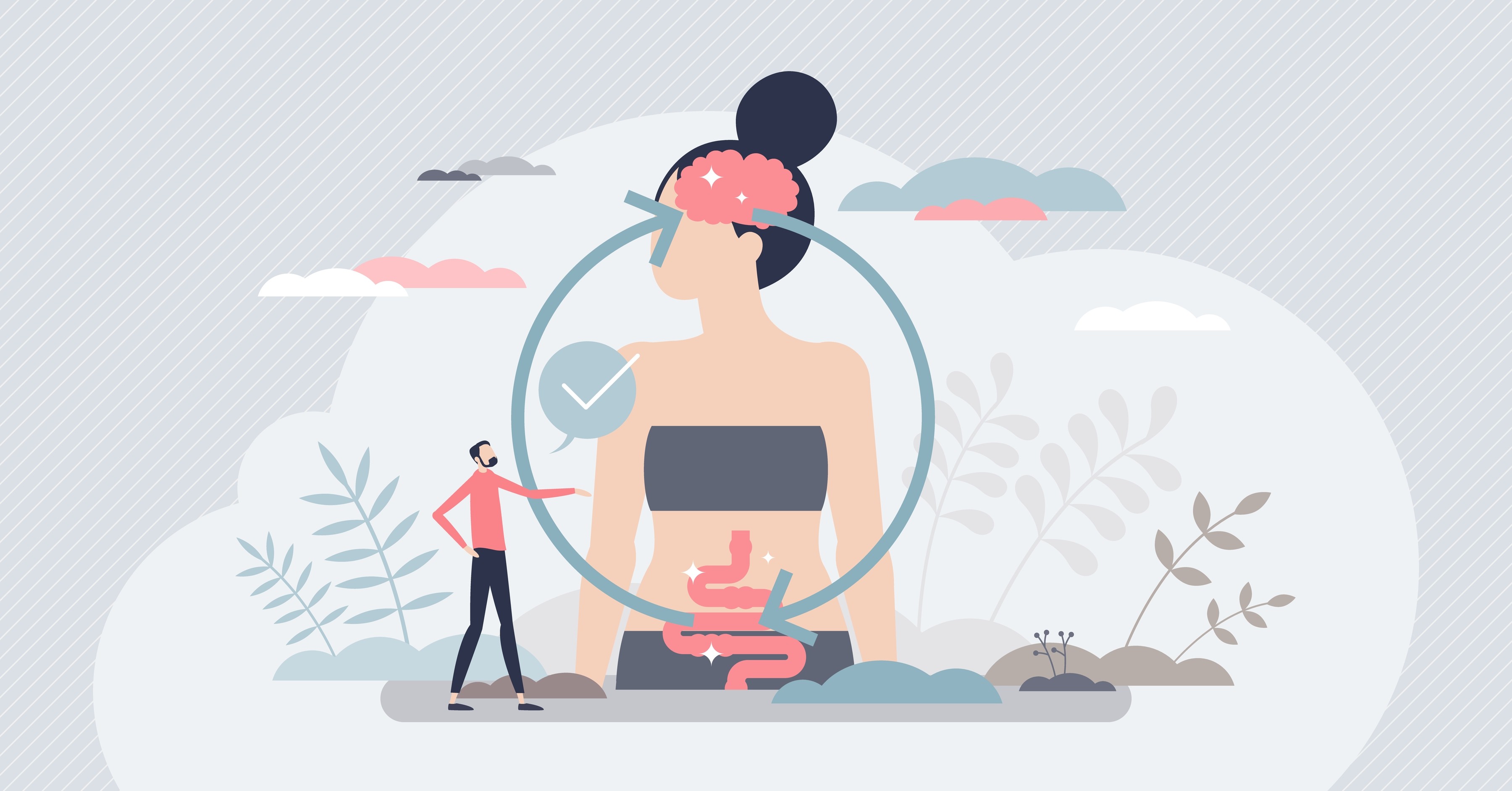 An illustration of a feaml sitting in a yoga position, illustrating the gut-brain connection