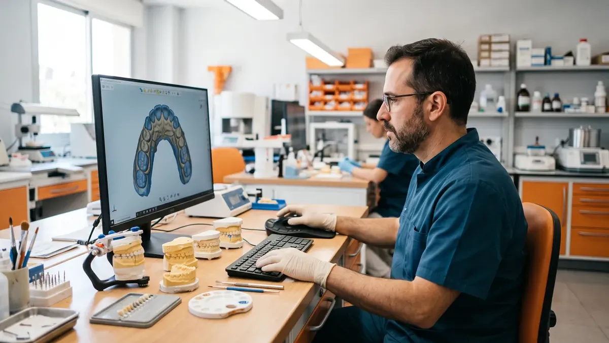 Técnico trabajando en un laboratorio de prótesis dental con un diseño CAD de arcada en pantalla y modelos de escayola