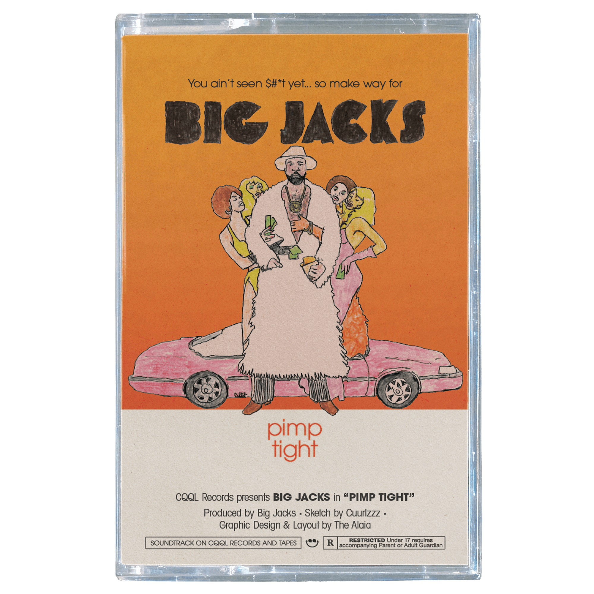Cassette tape with 'Big Jacks' album cover featuring a person on a pink car against an orange background.