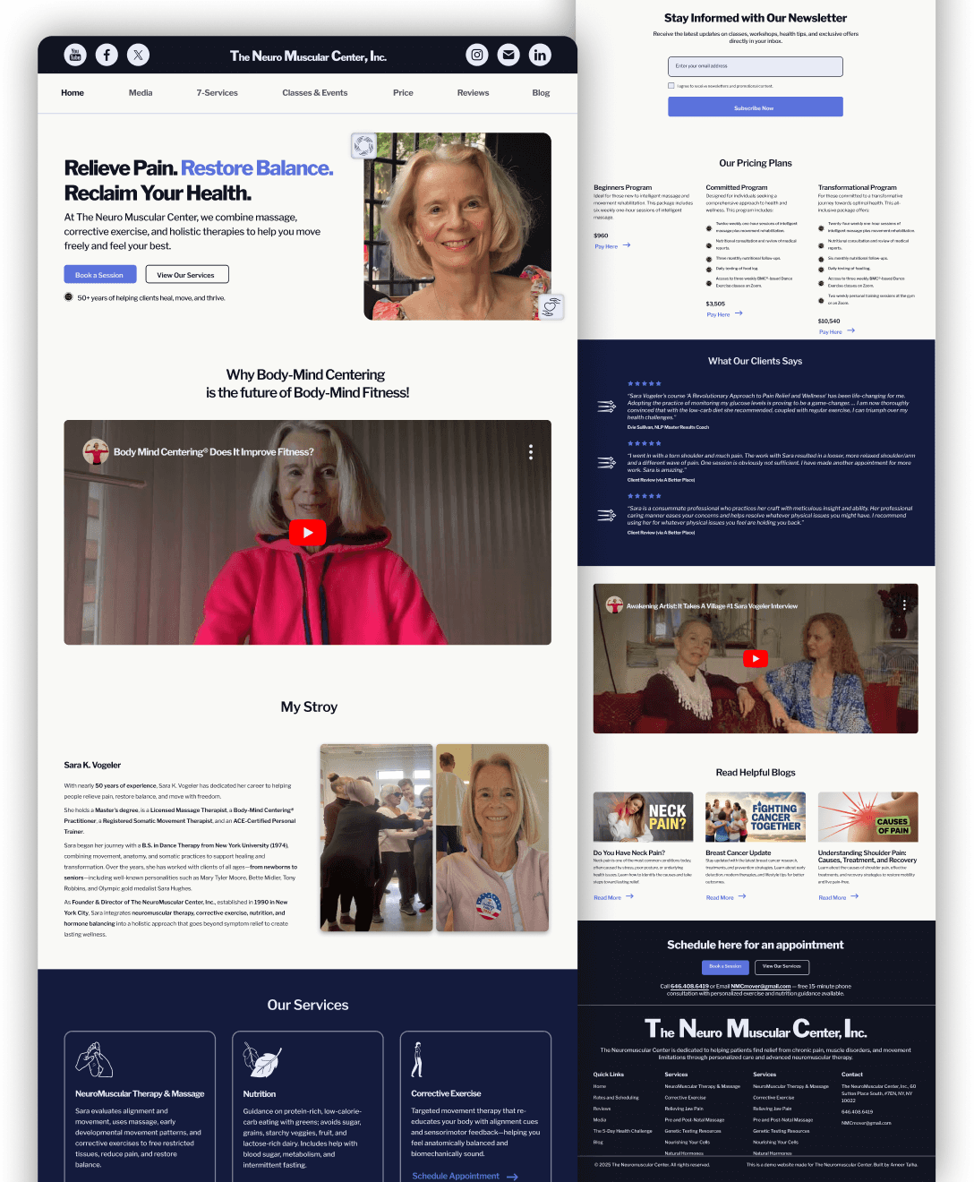 A medical website homepage showcasing various sections, including an introduction to the physical therapy center, testimonial videos, services offered, and pricing plans, all designed to promote holistic health and wellness.