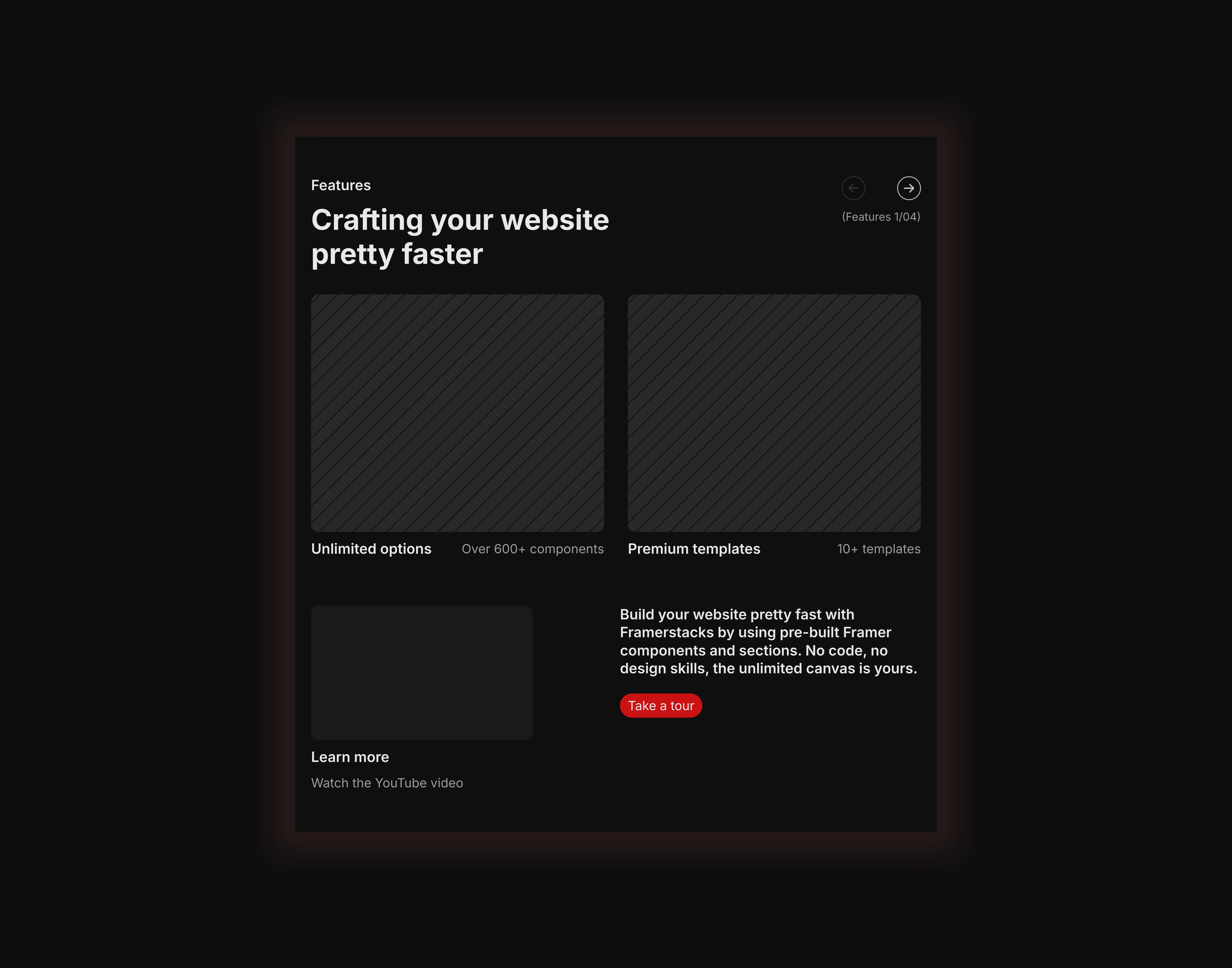 a simple dark themed features ui design which can embed both images and video. optimized for tablet devices.