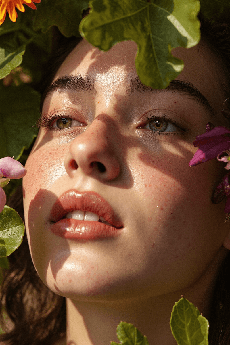 A close-up of a person with a serene expression, surrounded by colorful flowers and greenery. Soft, natural lighting.