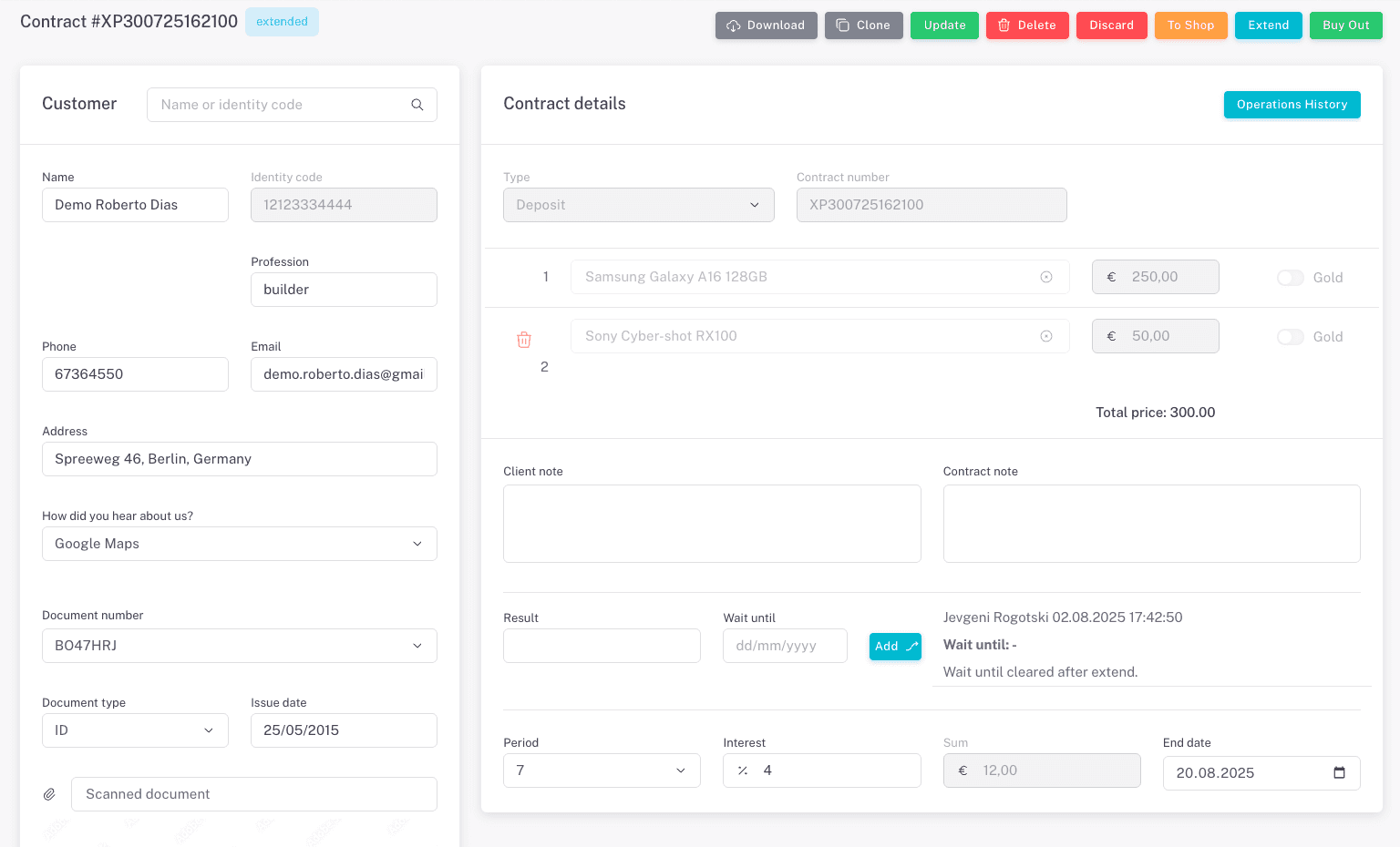 Pawn contract creation UI with client selection and multiple pledge items