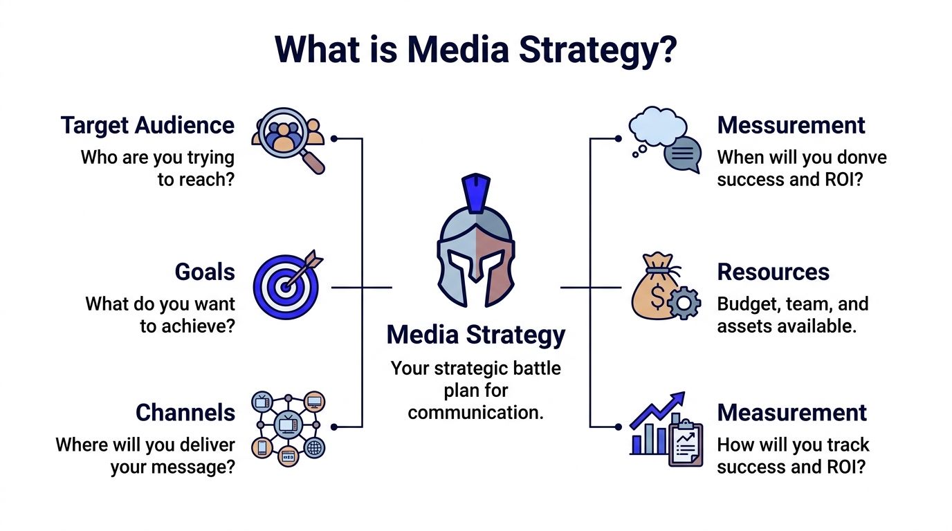 A diagram illustrating the key components of a media strategy, including target audience, goals, channels, and measurement.