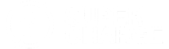 Super Charge logo with lightning bolt. Black and white branding for energy, power, and charging services.