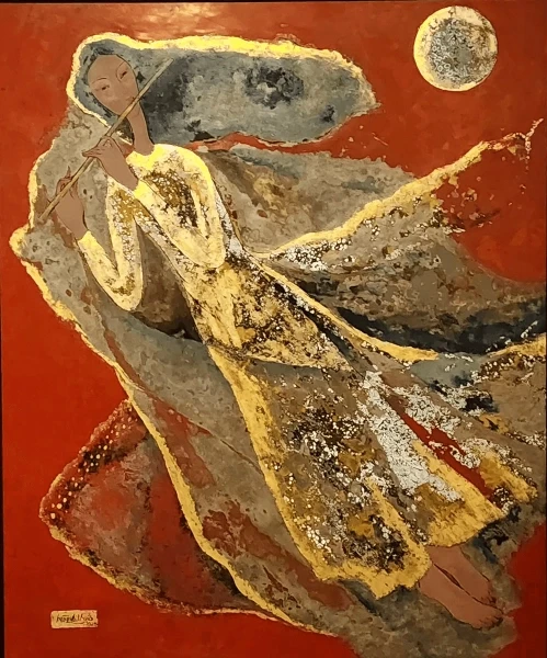 Woman playing flute under a moon