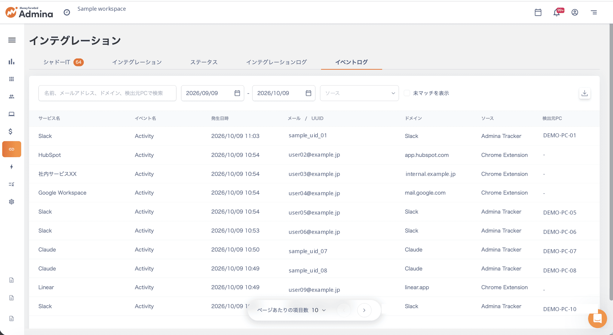 Adminaのイベントログ。サービス名、発生日時、識別情報、ドメイン、ソース、検出元PCを表示。ソースがAdmina Trackerの行を含む。