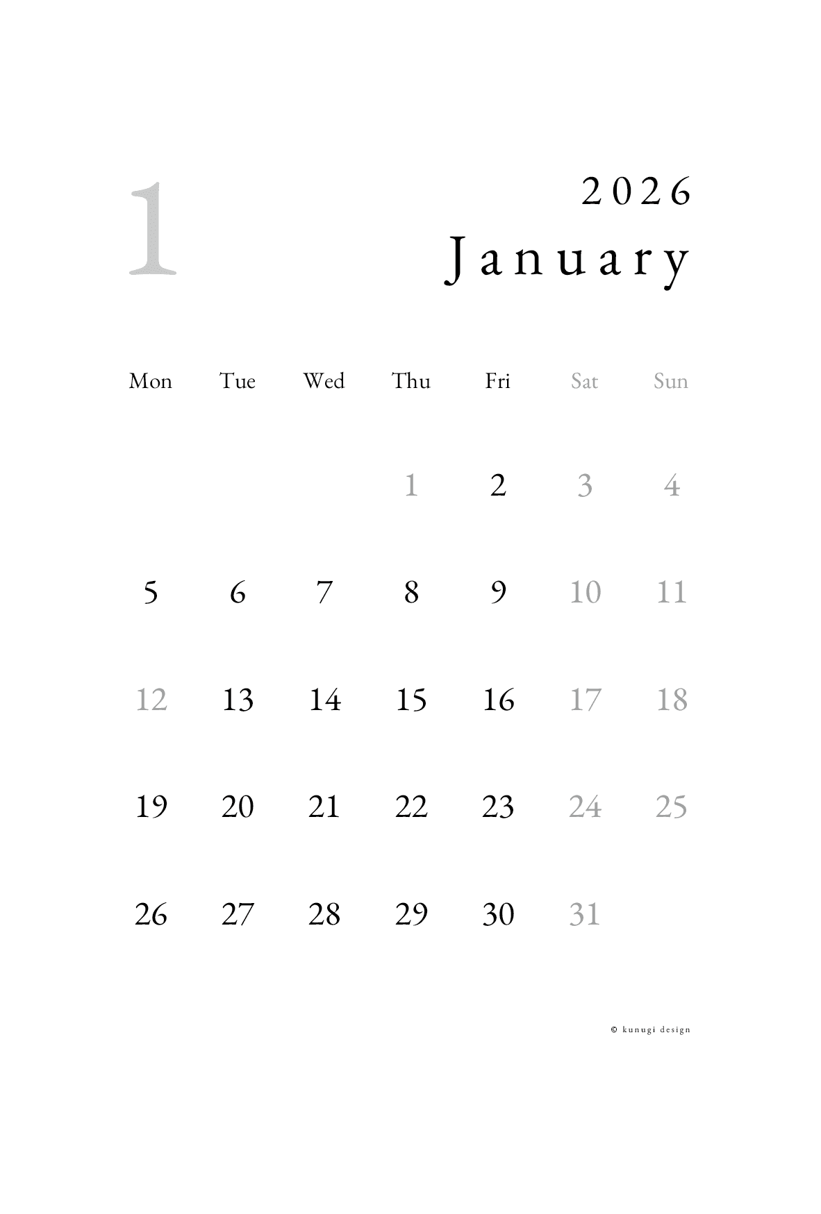 2026年1月カレンダー