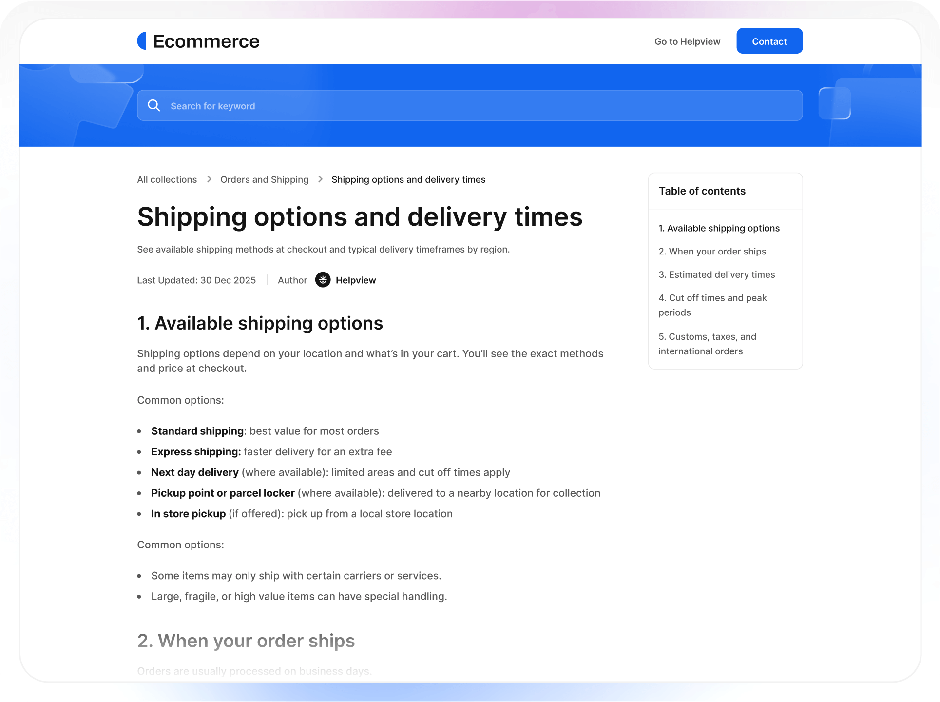 Ecommerce help center article about shipping options and delivery times created with Helpview.